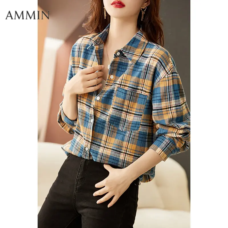 AMMIN  Korean Style Fashionable Loose All-Match Cotton Plaid Shirt Season 2024 Fashion Cotton Casual Shirt Fashionable Long Sleeve Outer Wear Plaid Printed Top