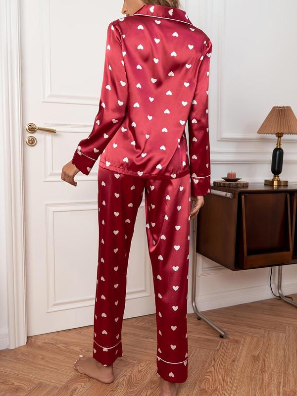 Women's Heart Print Satin Loungewear Set, Casual Lapel Button Front Shirt & Trousers Pajama Set, Valentine's Day Gift, Women's Sleepwear, Womenswear, Winter Co Ord Sets Valentine's Day, Two Piece Set Women 8