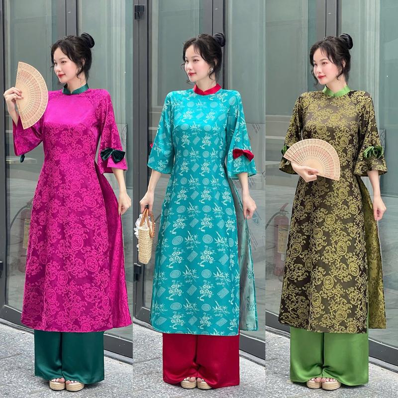 Áo Dài Nữ Thiết Kế EMME V1997 Form Suông Cổ Đứng Tay Loe Đính Nơ Nhung Cách Điệu [ Kèm Quần Lụa ] 3