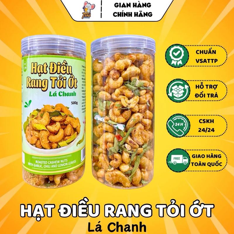 Hạt Điều Tách Vỏ Rang Tỏi Ớt (Có Lá Chanh) Thơm Ngon - Lon 500G - Đồ Ăn Vặt Snack Nuts Food Thức Ăn