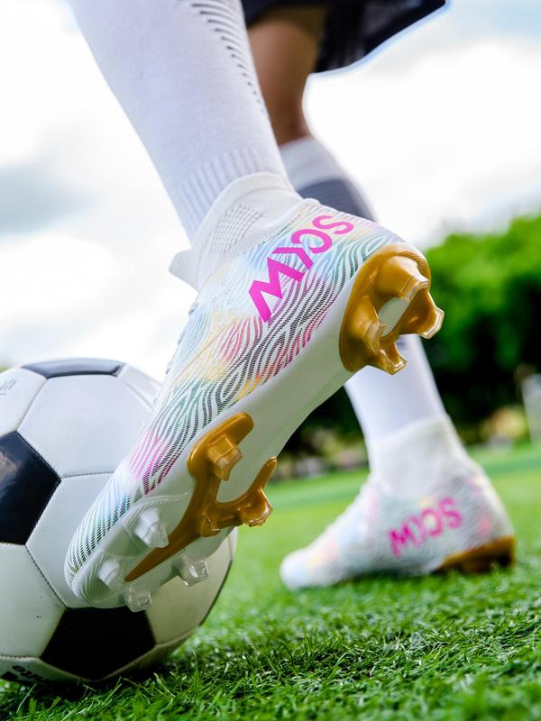 Sporty Men's Letter & Zebra Stripe Print High Top Football Shoes, Lace Up Spiked Soccer Shoes, Anti-Slip Football Cleats for Outdoor Competition Training 2