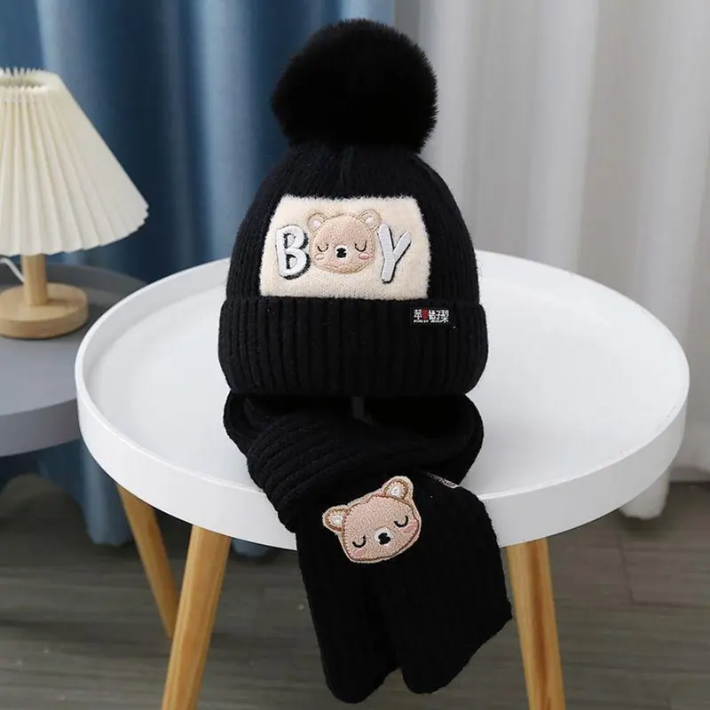 Bộ Mũ Len Và Khăn Quàng Quàng Cổ Cho Em Bé Hình Gấu Dễ Thương, 2 Chiếc, Mùa Đông, Với Pompom, Mũ Dệt Kim Cho Trẻ Sơ Sinh, Màu Trơn Thiết Kế Hoạt Hình, Mũ Bảo Vệ Tai Cho Trẻ Em Voi 5