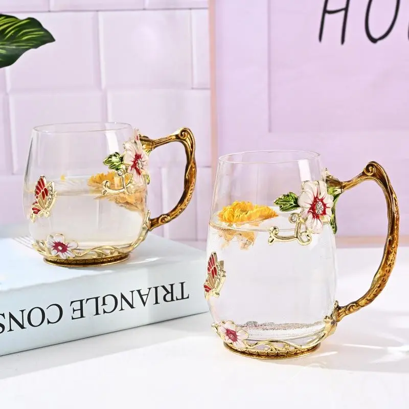 Flower Pattern Coffee Cup & Spoon Set, 1 Set Creative Glass Tea Cup with Spoon, Drinking Supplies for Home Office Use