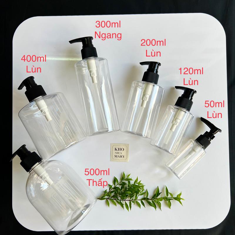 Chai 500ml vòi nhấn -  Set 5 và 1   chai  TRONG SUỐT 300ml 200ml 120ml 100ml - Chai Vòi nhấn nhỏ giọt chiết Mỹ phẩm đựng dầu gội nắp vòi pumb 