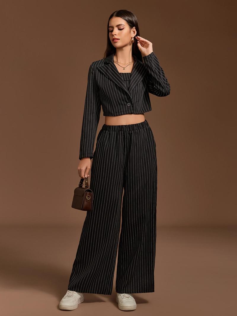 Product Introduction of YOZY Women's Striped Print Button Front Blazer & Cami Top & Elastic Waist Pants Set, Long Sleeve Lapel Neckline Outerwear & Sleeveless Top & Wide Leg Trousers, Casual Women's Three-piece Outfits for All Seasons, Valentine's Day Outfit 17