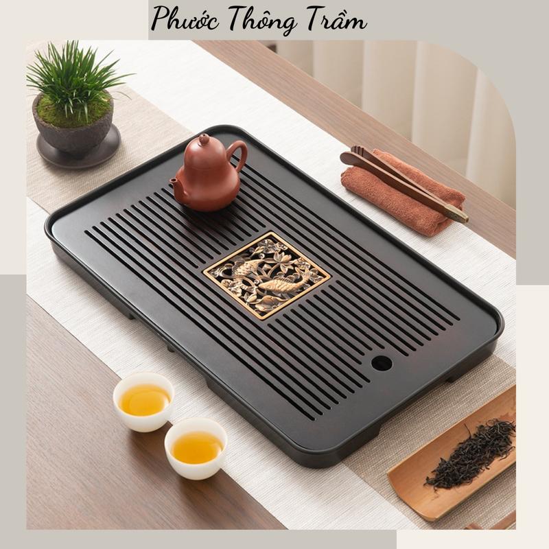  Khay trà tre cao cấp - Họa tiết bằng đồng Song Ngư - Khay trà tre cao cấp 2 kích thước 43.5*26.5cm*3.5 và 36*24 *3.5  trà đạo bằng tre  hun khói có khay đựng nước 