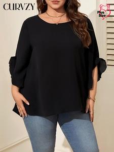 CURVZY Plus Size Solid Flounce Sleeve Tee, Casual Round Neck Top for Spring & Fall, Women's Plus Clothing for Daily Wear