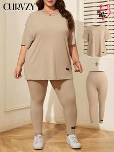 【Plus Size】Two-Piece Set CURVZY Solid Ribbed Tee & Skinny Pants Set, Casual Round Neck Short Sleeve Top & Trousers, Women's Two-piece for Daily Wear