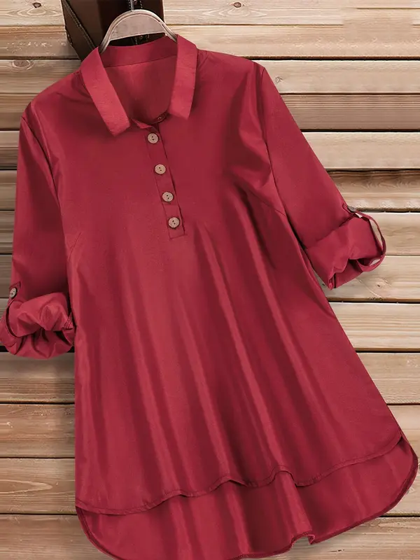 Plus Size Solid Roll Up Sleeve Half-Button High Low Blouse, Casual Long Sleeve Collar Longline Top for Summer, Women's Plus Clothing for Daily Wear 0