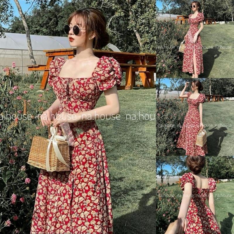 ￼Đầm hoa nhí dáng dài xẻ tà đi chơi đi biển dạo phố váy hoa nhí lụa cổ vuông tiểu thư thiết kế đẹp xinh xịn sang Women Nữ Dress 0