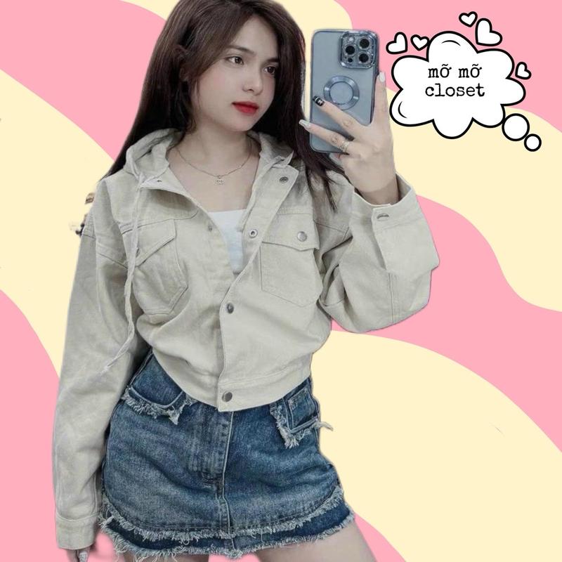 Áo khoác tay dài form lửng có nón chất liệu kaki jean unisex nam nữ mmstore