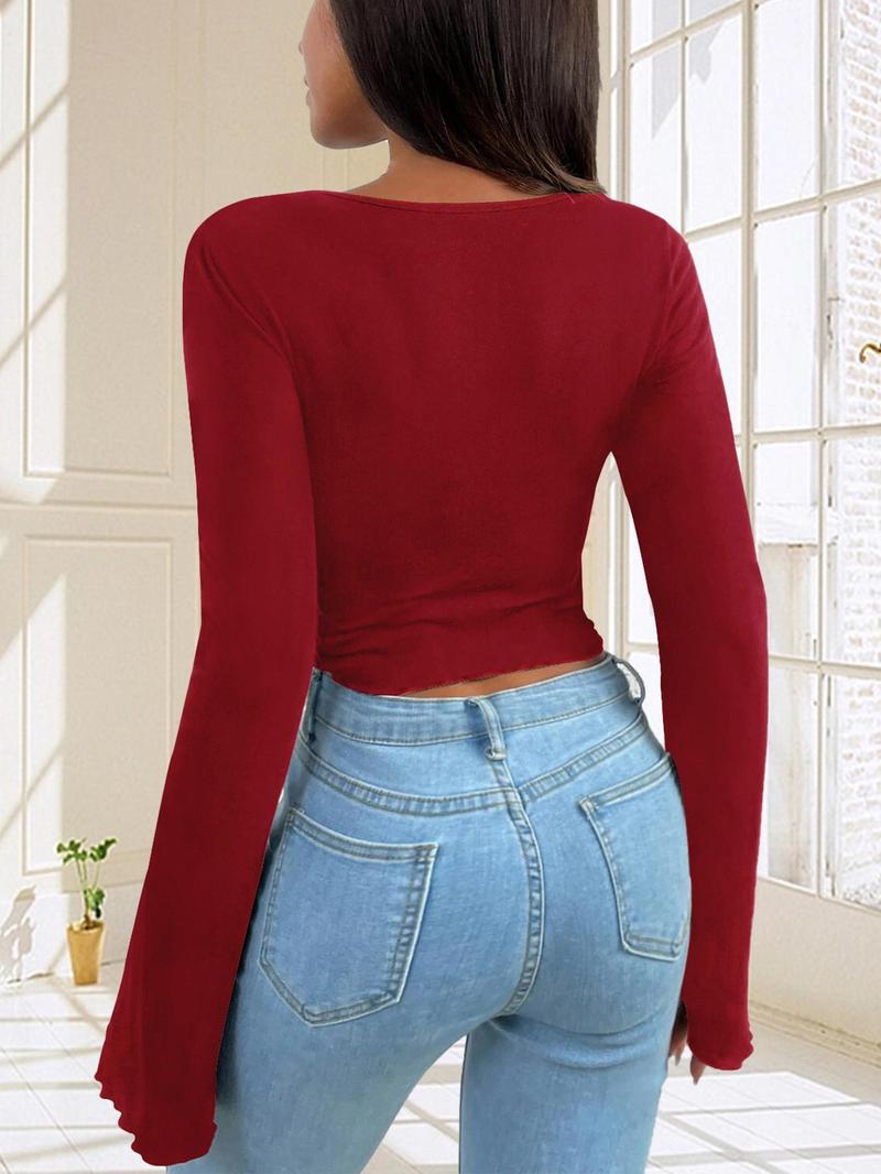 Product Introduction of Women's Plain High Low Lettuce Trim Flounce Sleeve Tee, Elegant Solid Sweetheart Neck T-shirt for Daily Vacation Party, T Shirt for Women, Casual Classy Ladies Knit Top for Spring & Fall Valentine's Day, Gift, Tops for Women 23