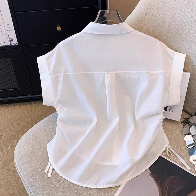 Áo Sơ Mi ngắn Tay Thiết Kế Dây Rút Phong Cách Hồng Kông, Ngọt Ngào Và Ngầu, Cổ Polo Thêu, Dành Cho Nữ, Trang Phục Mùa Hè, Áo Cardigan Không Đều Thanh Lịch 6