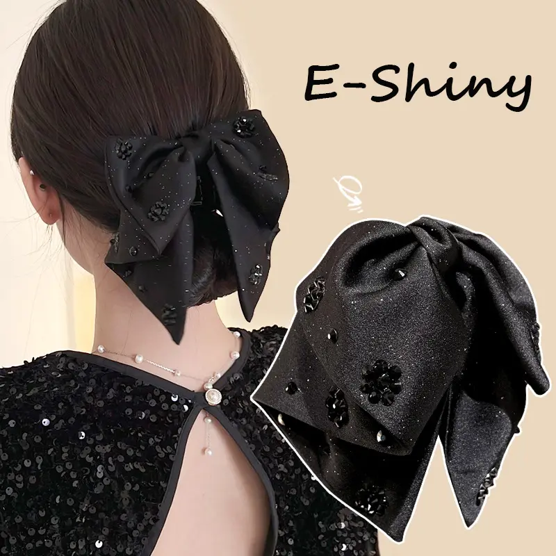 Elegant Satins Ribbon Bow Black Rhinestones Hair Claws for Women Vintage Ponytail Clip Headdress