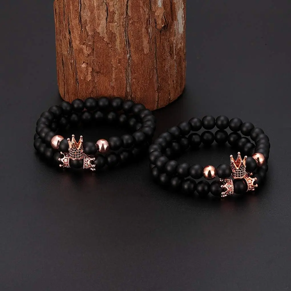 4PCS Black Onyx Beads Bracelets for Men - Royal Crown King Adjustable Healing Stone Jewelry Gift Set Father's Day Birthday Husband Boyfriend