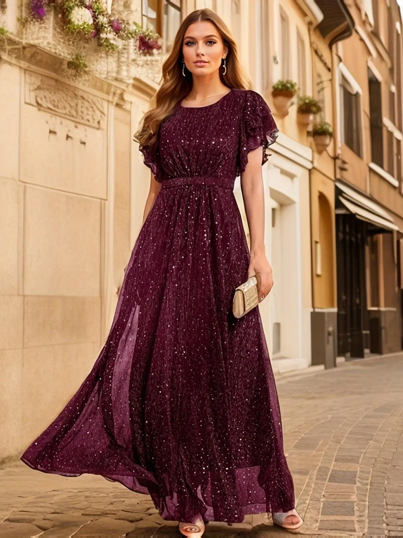 Women's Glitter Rhinestone Ruffle Trim Butterfly Sleeve A Line Dress, Chic Elegant Round Neck Short Sleeve Long Dress for Party Banquet Wedding Guest, Ladies' Clothes for All Seasons, Dresses for Women, Wedding Guest Dresses