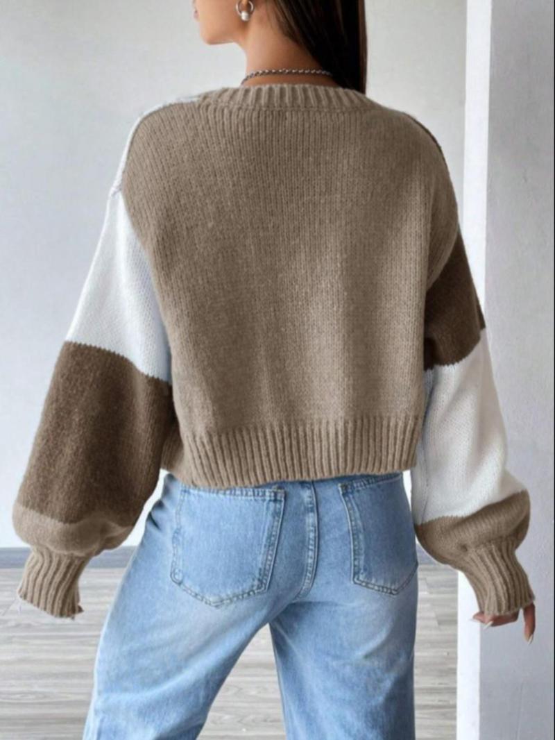 Product Introduction of Women's Colorblock Drop Shoulder  Crop Cardigan, Casual Long Sleeve Open Front Knitwear for Fall & Winter, Fashion Women's Knit Clothing for Daily Wear 2