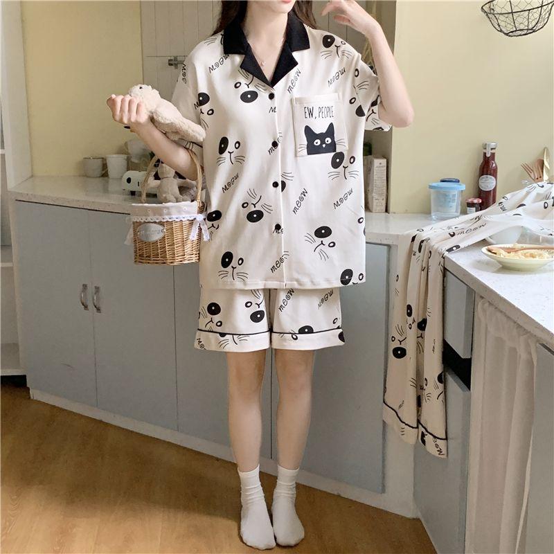 Product Introduction of Bộ Đồ Ngủ Mùa Hè Cho Nữ, Có Đệm Ngực, Áo Cardigan ngắn Tay, Quần Đùi, Bộ Đồ Mặc Ở Nhà Dễ Thương, Hàng Mới Về, Với Thiết Kế Hình Mèo, 2024 6