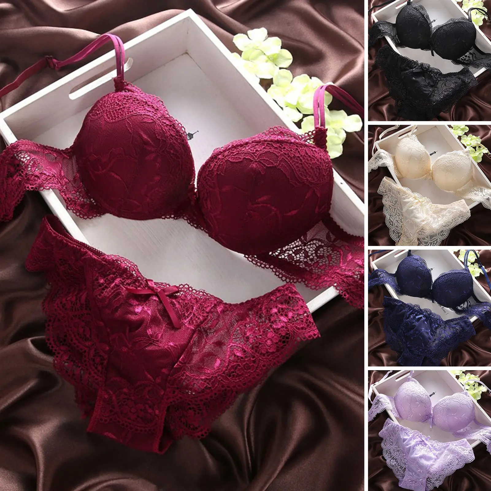 [LOY] 2 Pcs/Set Women Underwear Set Bra Panties Set Lace Push Up Elastic Deep V Neck Solid Color Soft Padded With Wire Bow-knot Back Closure Lady Intimate Clothes