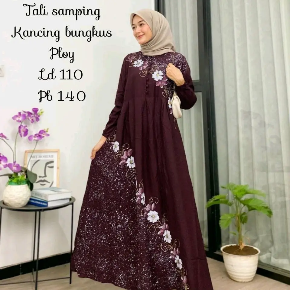 Gamis Twill Ori Motif Lukis Pekalongan Variasi  Bunga Lukis Tali Samping Tangan Karet  Busui Friendly Kancing Depan Dress  Wanita Muslim