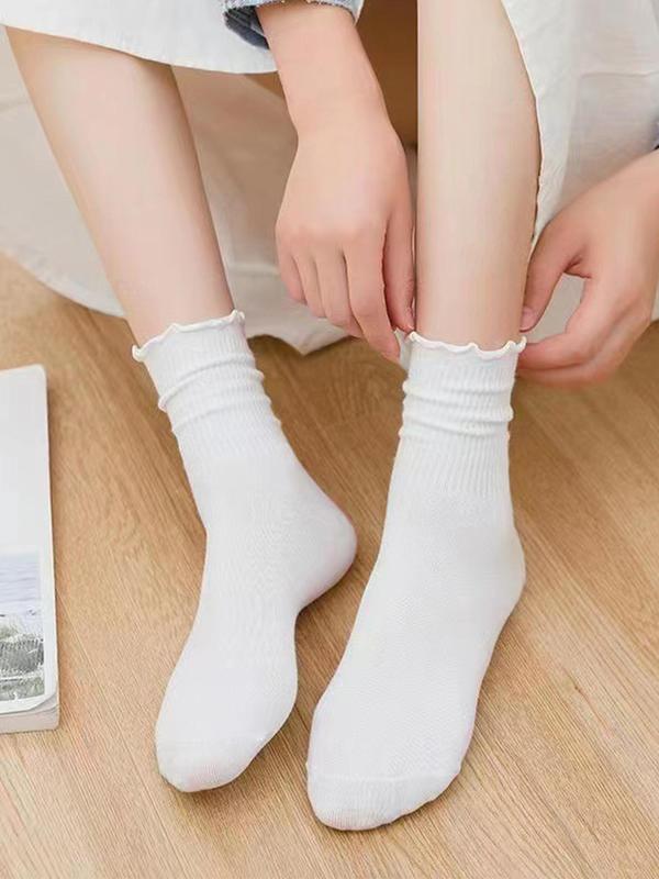 Women's Solid Lettuce Trim Crew Socks, Casual Comfy Breathable Mid-calf Socks for Daily Wear, Multipack Knit Socks for All Seasons 3
