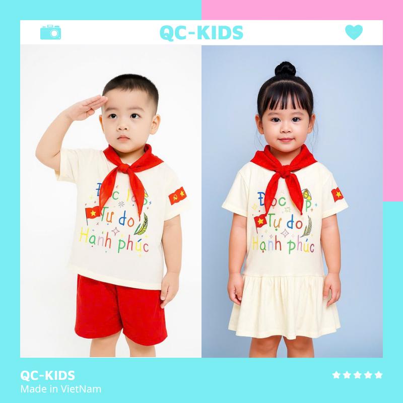 (TẶNG KÈM KHĂN QUÀNG+CỜ CẦM TAY) Bộ quần áo cộc tay và váy độc lập tự do cho bé trai bé gái 8-18kg