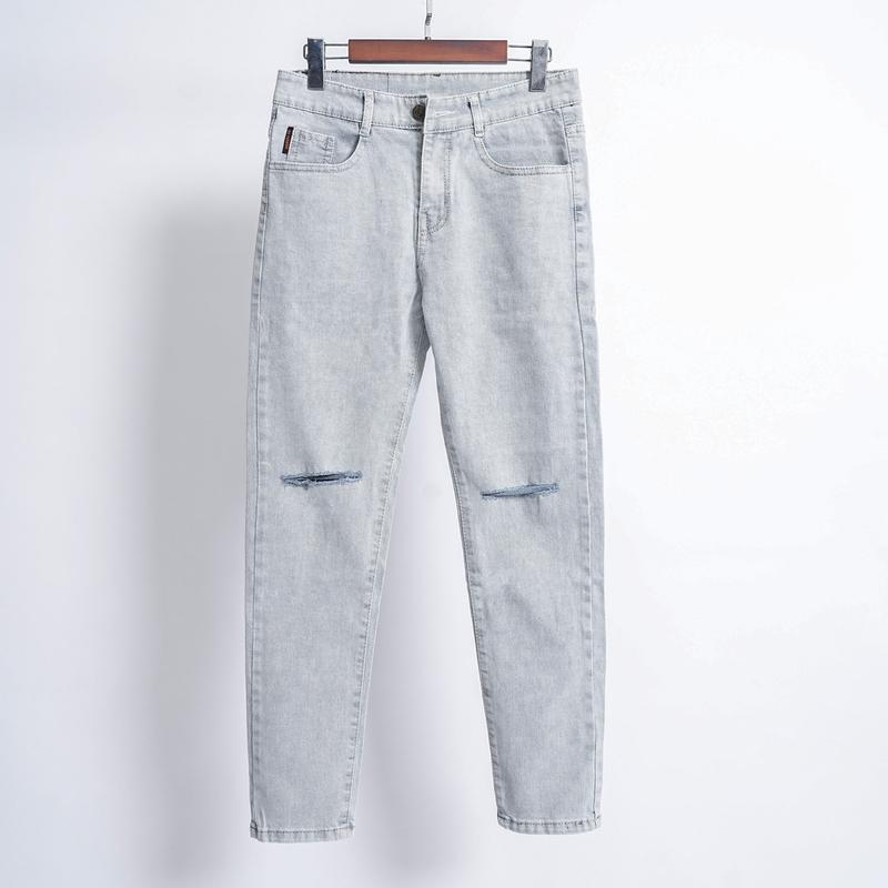 Quần Jean Nam Dài Thời Trang Vải Co Dãn Màu Bạc Rách Gối Dáng Ôm Vừa Menswear Pants Có Túi