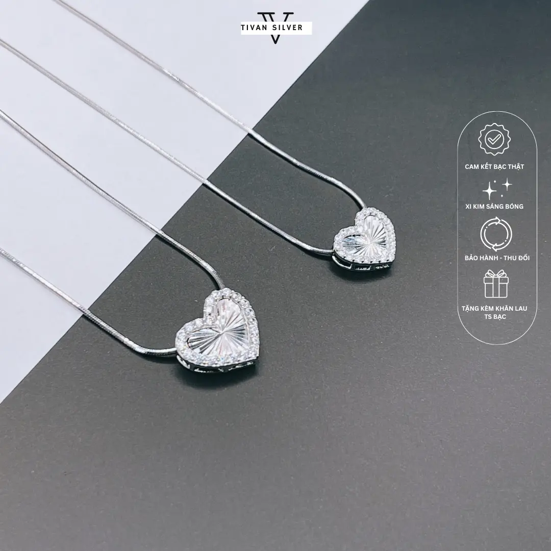 Dây Chuyền Bạc Xi Kim Cao Cấp Kiểu Mặt Tim Chạm Máy Thời Trang TiVan Silver