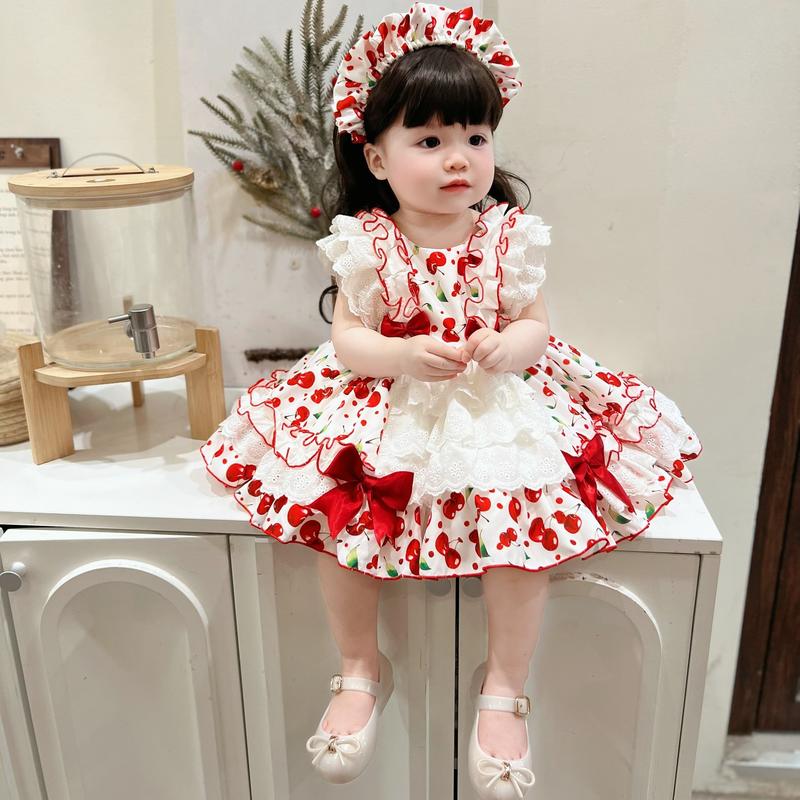 Kèm Cài Và Chip Váy Lolita Cánh Tiên Cherry Phối Ren 4-19 Kg Chất Thô Cotton ,Váy Cho Bé Gái Đầy Tháng Sinh Nhật Dự Tiệc