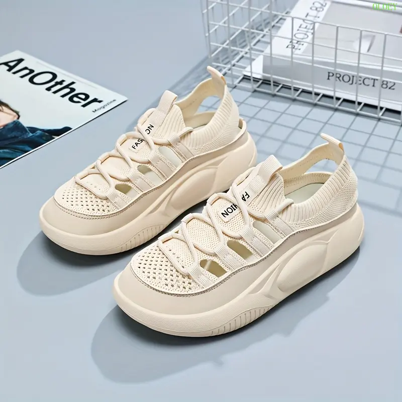 OLOEY Women's Breathable Low-Top Sneakers - Intricate Mesh & Flying Holes Design, Beige Synthetic Cover/Fabric Upper, Lightweight EVA Insole & Durable Rubber Sole for Spring/Summer Casual Shoes, Ladies Sneakers, Summer Footwear, Sporty Look, Comfortable F 2