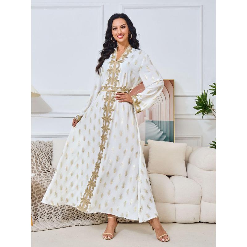 2025 Middle East New Fashion Women's Clothing Muslim Home Robe White Bronze Elegant V-neck Dress Abaya 7
