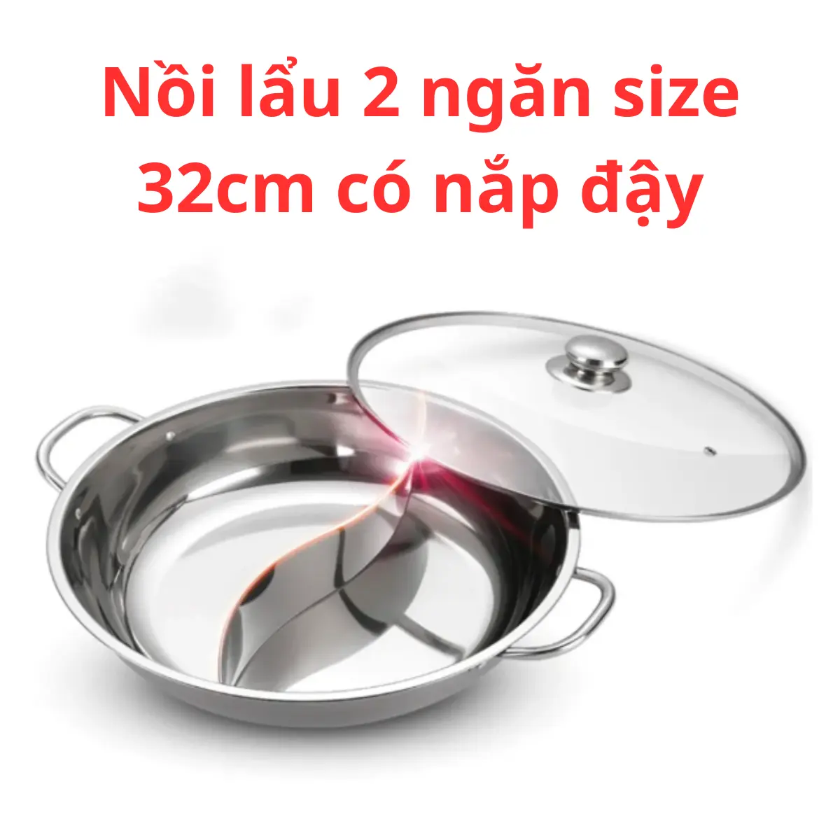 Nồi lẩu 2 ngăn inox size 32cm có nắp đậy , tiện lợi 2 ngăn cách biệt dùng được 2 loại nước lẩu cùng lúc, dễ dàng, tiện lợi