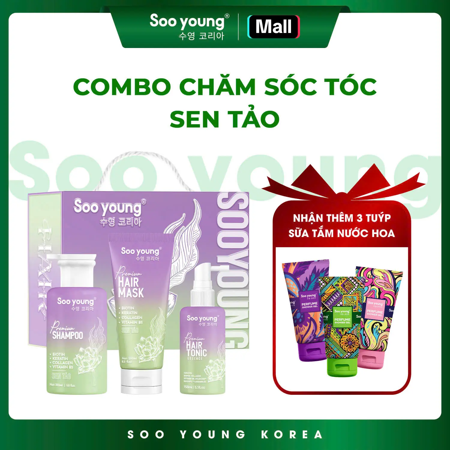 Bộ Gội Xả Xịt Sen Tảo SOOYOUNG Giúp Hỗ Trợ Mọc Tóc, Giảm rụng (250ml, 250ml, 150ml)