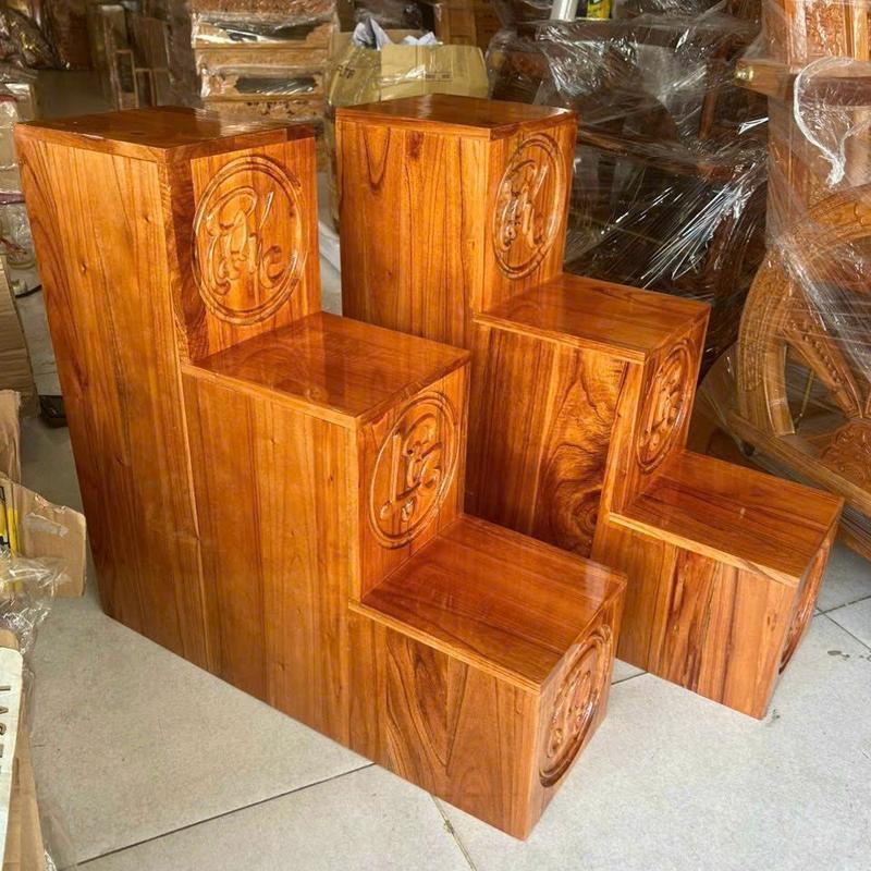 Bục tam cấp gỗ xoan tự nhiên khắc chữ Phúc Lộc Thọ đặt bàn thờ thần mặt 18cm, 20cm (1 cái) Decor Decor Phòng Trang Trí Nhà