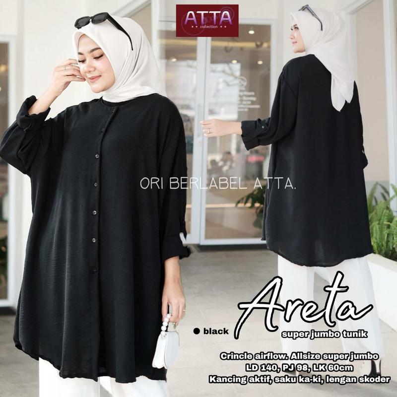 Product Introduction of Atasan Wanita Kemeja  Polos Areta Tunik Jumbo LD140 Bahan Crincle Airflow Full Kancing Oversize Muslim 32