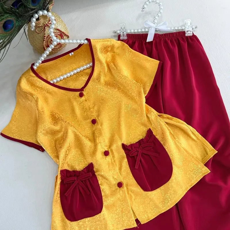 Sét bộ bà ba túi tiền cổ tym cho bé gái - Chất liệu lụa gấm phối quần lụa ngọc siêu mềm mịn 2