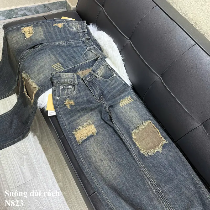 [N823-NaNa Denim Fashion] Quần Jean suông phối rách màu bụi dơ chất vải QCCC dài 103cm 3