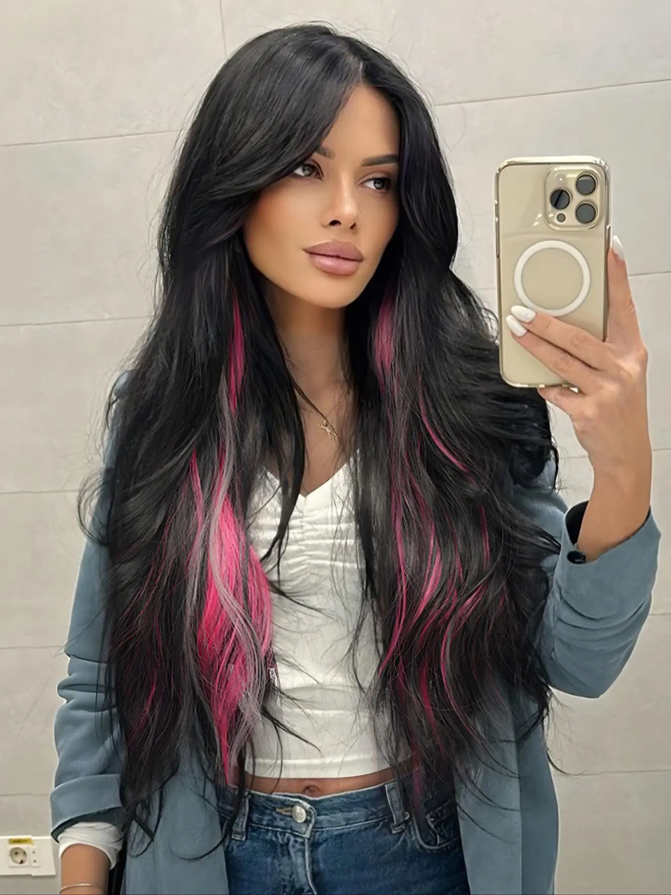 30 Inch Long Body Wavy Pink Highlight Wigs for Women, Gorgeous Fluffy Wigs without Bangs, Synthetic Full Machine Wigs for Party, Daily Use