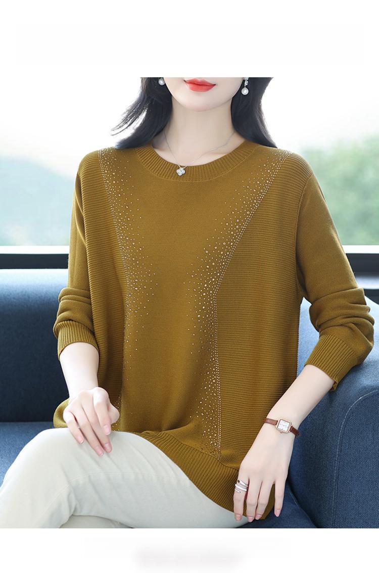 Product Introduction of Knatwear women's round neck rhinestone sweater new fashion mom loose Western style knits long sleeve thin top crop 12