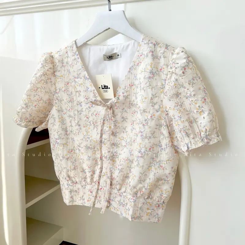 Bộ áo kèm chân váy hoa nhí thêu màu be nhẹ nhàng thanh lịch đi làm đi tiệc V138 Nữ Kem Top Women 4