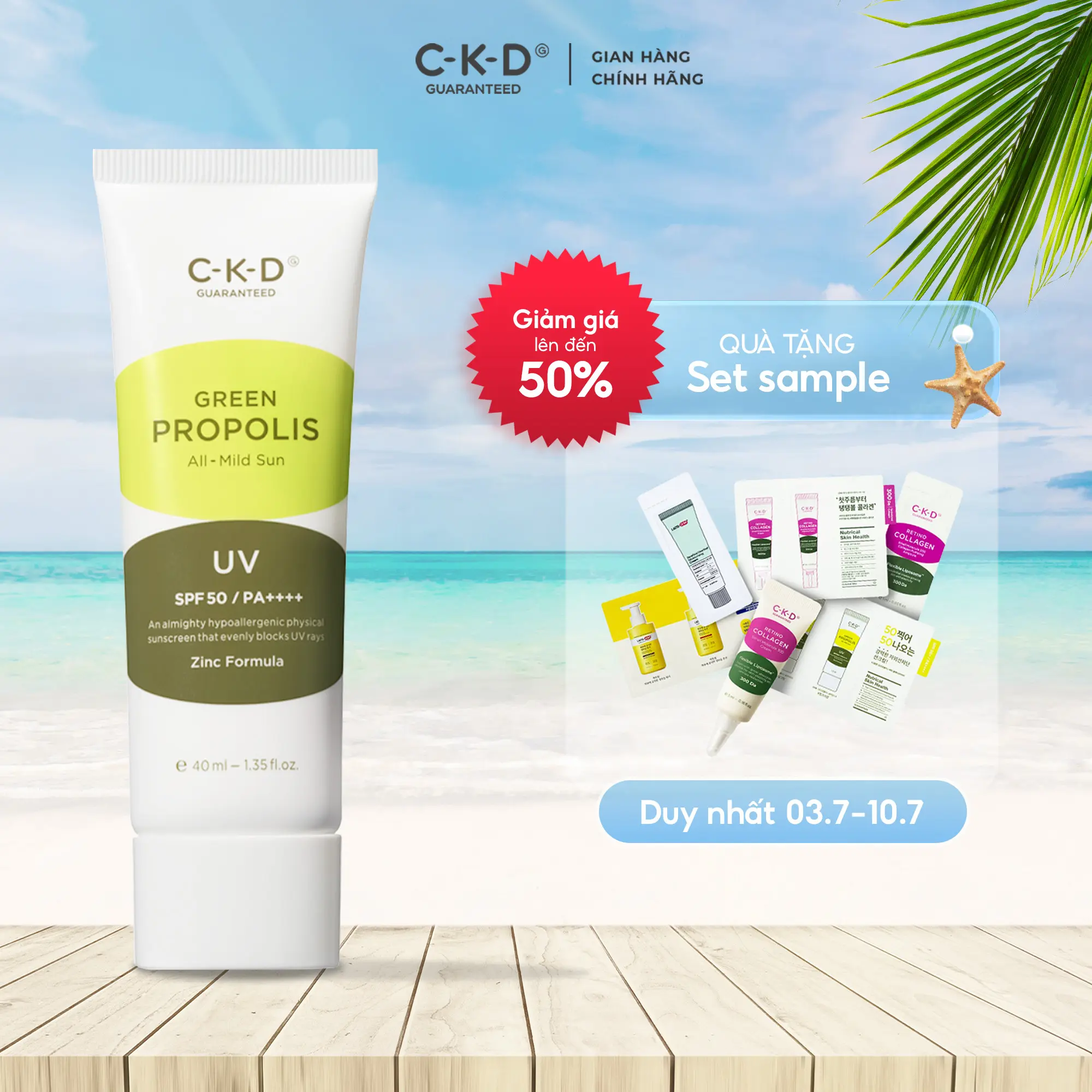 Kem Chống Nắng Vật Lý CKD Green Propolis All-Mild Sun SPF 50+ PA++++ 40ML - CKD Guaranteed