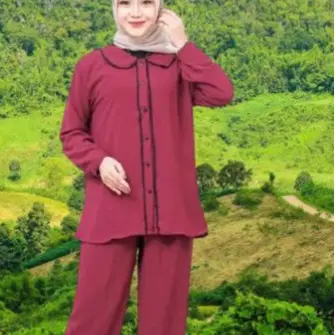 Setelan Wanita Ibu MUda Viral Terbaru Lengan panjang Polos Bisa Dicuci Dengan Mesin Airflow Baju Crinkle Celana