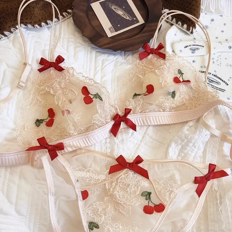 French sexy pure desire lingerie for women Ultra thin chest without steel ring Lace inspired triangular cup bra set