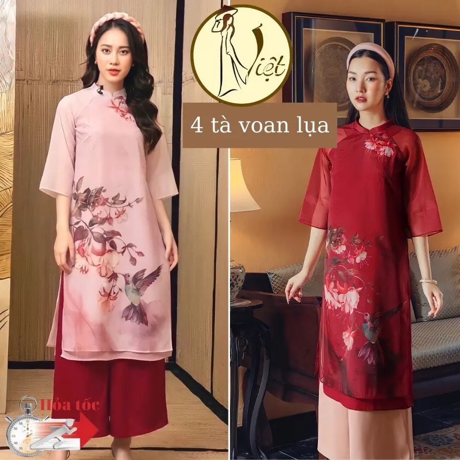Áo dài cách tân nữ tết 4 tà màu hồng và đỏ voan lụa cao cấp dáng suông Có hoa