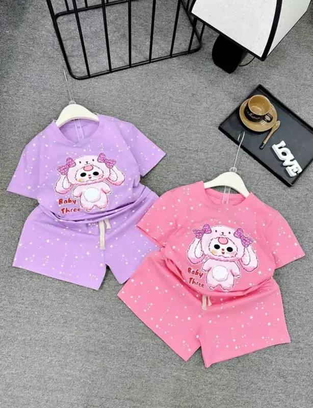 [Hanashop][11-52kg] Đồ bé gái, set bộ quần áo cộc tay cho bé hình BABY THREE tràn viền NGÔI SAO  chất cotton mịn mát 5