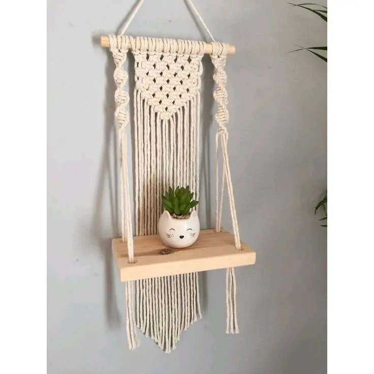 rak Macrame/ macrame shelf hanging, rak kayu gantung, dekorasi rumah Dipasang di Dinding hiasan dinding kepala rusa toko shoft pink
