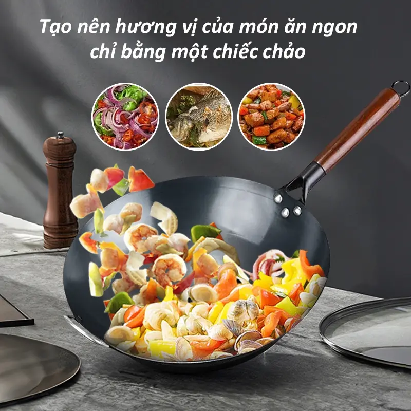 Chảo Thép Chống Dính Cán Gỗ Sồi Cao Cấp Đường Kính 30cm Chuyên Dùng Cho Mọi Nhà, Nhà Hàng 8