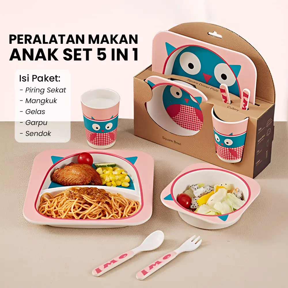 Peralatan Makan Anak Set 5 In 1 Tableware Bamboo Motif Kartun