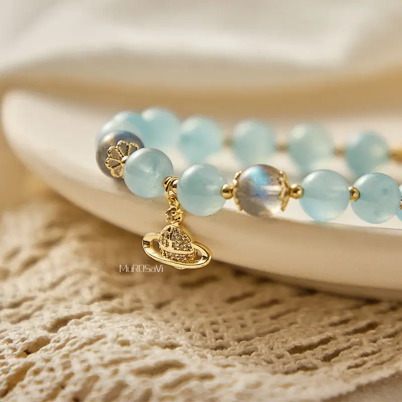 Vòng Tay Pha Lê Aquamarine, Dành Cho Phụ Nữ, Thiết Kế Đơn Giản, Đá Mặt Trăng Xám, Hạt Màu Xanh Lam, Đồ Trang Sức Vòng Tay Đính Cườm Thủ Công 2