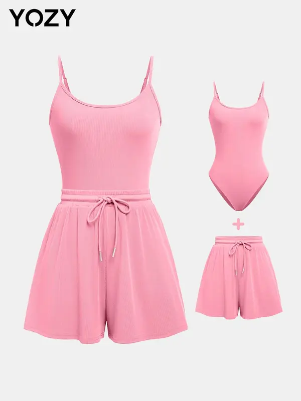 YOZY Adjustable Strap Cami Bodysuit & Drawstring Wide Leg Shorts Set, Casual Round Neck Sphaghetti Strap Bodysuit & Elastic Shorts Set, Back to School Women's Wear for Summer, Travel 8